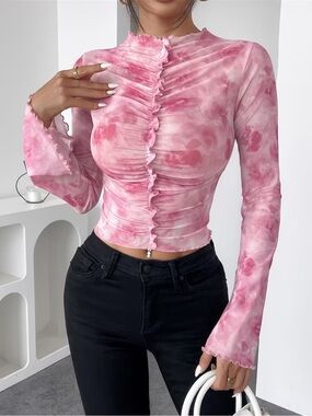 Ruched Pink Mesh Long-Sleeve Top